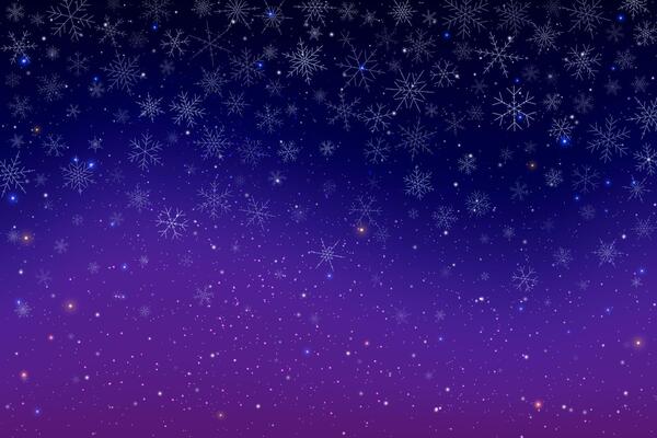 Magical winter night sky illustration with blue and purple background. Stars shine brightly snowflakes fall sparkling in cosmic space. Celestial universe glows with light creating fantasy atmosphere