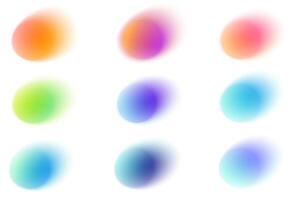 Abstract blurred gradient shapes on white background. Round liquid elements with soft gradation. Neon spots with aura. Pastel geometric iridescent set. vector