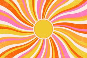 Sun burst retro background with spiral rays. Groovy summer carnival poster with wavy orange stripes. Psychedelic vintage grunge illustration. 70s design vector