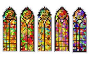 Church windows with colored stained glass pattern. Cathedral and castle vintage arches. Catholic frames set on white background. Decorative architecture elements vector