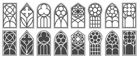 Church gothic window frames. Stained glass cathedral arches with vintage pattern. Medieval castle frames. Catholic frames design on white background. Renaissance outline black decorations. vector