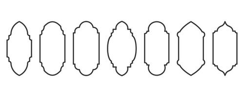 Ramadan frame shapes. Window Arabic arc outline elements. Door design with Turkish ornament. Muslim oriental sticker template. Traditional decorations set for banner and badge. vector