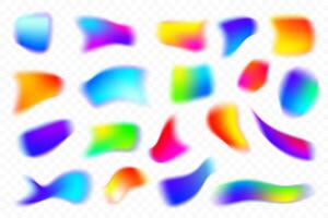 Blurred gradient colored shapes on white background. Fluid liquid mesh elements with holographic effect. Soft aura gradation graphic. Bright iridescent organic bubbles vector