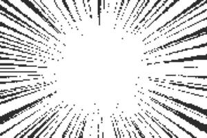 Comic background with pixel pattern. Speed lines explosion and burst with abstract digital bitmap texture. Radial sun rays on white backdrop. vector
