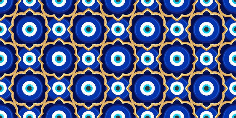 Evil eye Greek seamless pattern. Background with blue beads. Turkish nazar - ethnic symbol of protection, energy, luck. Mystic amulet with golden ornament. Cute Arabic design