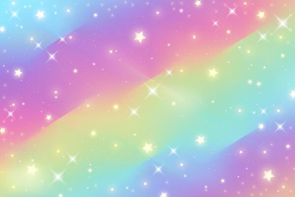 Rainbow fantasy background. Holographic illustration in pastel colors. Cute cartoon girly background. Bright multicolored sky with stars.