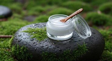 A jar of natural skin care cream on a mossy rock photo