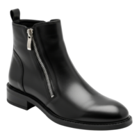 Stylish black leather ankle boot with side zipper and chunky heel design png