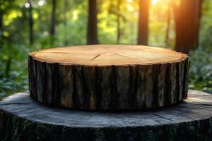 Wooden Tree Stump Platform in Sunlit Forest for Natural Decor and Design Inspiration photo