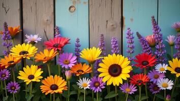 Vibrant Multicolored Flowers Blooming Rustic Blue Wood Background photo