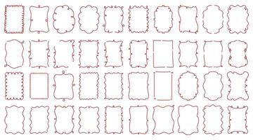 Set of elegant hand-drawn decorative frames with a delicate red outline. Frame features a unique wavy, curly, or looped border and different shapes. Design perfect for invitations, greeting card, menu vector
