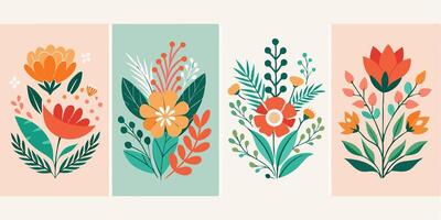 Set of Four Botanical Art Prints with Floral Elements in a Flat Style vector