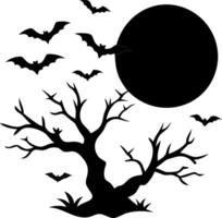 Eerie Full Moon Night with Bats Dark Clouds and Bare Branches Design vector