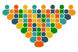 Colorful Crowd of People Icon. Multicolored Human Figures in Triangle Formation. Symbol of Diversity, Teamwork, Community, and Social Unity. vector