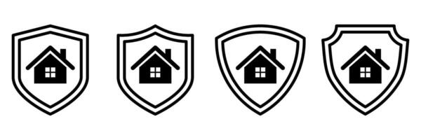 Home Security Shield Icons Set. Black Outline House in Protection Badge Collection. Real Estate Safety Symbol for Web, App, Insurance, Guard Services, and Property Protection Concepts. vector