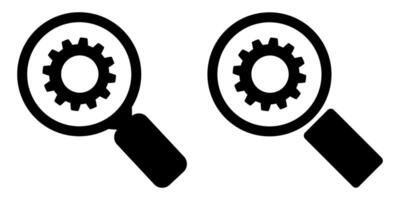 Magnifying glass with gear icon . Concept of search optimization, technical settings, system configuration, engineering diagnostics or software analysis symbol. Isolated black pictogram. vector