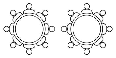 Outline icon of round table meeting. Editable stroke. Group discussion symbol with people sitting at circular conference desk. For business, team planning, collaboration, communication design. vector