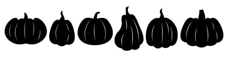 Silhouette Set of Pumpkins and Gourds. Black Halloween and Autumn Harvest Decorative Elements. Isolated Icons of Various Pumpkin Shapes for Seasonal Designs and Holiday Projects vector