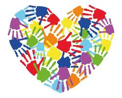 Colorful Handprints in Heart Shape. Diversity, Unity and Love Symbol. Multicolored Children Hand Prints Forming Heart. Abstract Art for Charity, Education, Multicultural Concepts vector