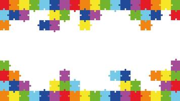 Colorful jigsaw puzzle border background. template with empty space for text. Concept of unity, diversity, autism awareness, connection, teamwork. vector