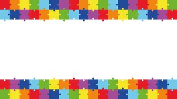 Colorful Puzzle Frame Background for Text or Design. Autism Awareness Border with Jigsaw Pattern. Bright Rectangle Banner Template for School, Kids Events, or Educational Projects. vector
