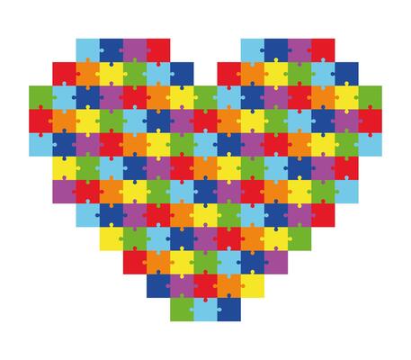 Colorful Puzzle Heart Symbol. Bright Jigsaw Pieces in Heart Shape. Autism Awareness Concept, Love, Connection, Education. Flat Design for Posters, School Projects, Events, Children Support.