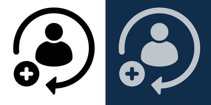 añadir nuevo usuario icono en plano diseño estilo. circular flecha con persona símbolo y más signo. concepto de registro, afiliación, perfil creación. conjunto en negro y azul color versiones. vector