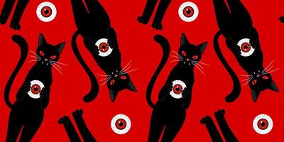 creepy cute gothic style repeatable print featuring mysterious felines and detached eyes perfect for october decor and party themes red background vector