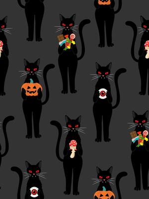 halloween seamless pattern with vampire black cats holding pumpkin, eyeball, mushroom and candy on dark background, cute spooky poster or postcard design