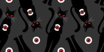 dark halloween seamless pattern with black vampire cats and creepy red eyeballs spooky gothic design for fabric, wallpaper, wrapping or party decor vector