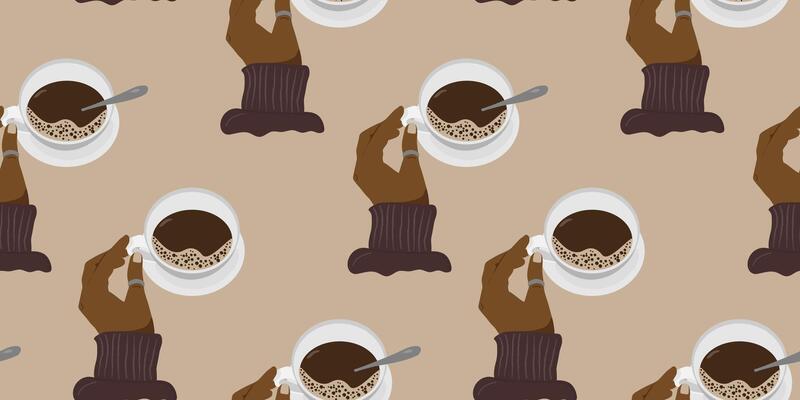 elegant coffee time seamless pattern with a dark-skinned hand holding a cup on a light beige background for cafe and lifestyle brands