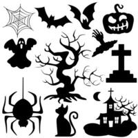 Black Halloween icons in the shape of spider, cobweb, bat, ghost, pumpkin, black cat, crow, cross on grave, haunted tree and haunted house isolated on white background. vector
