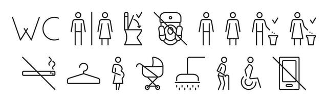 Black line editable stroke icon set for public toilets, linear signs for WC, lavatory, bathroom. Collection of monochrome outline pictograms for women and men changing room and restrooms vector