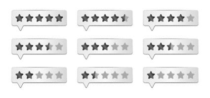 Black and white star rating, refined user rank with grey gradient forms, classic feedback and customer review set. Monochrome customer service signs for a website and app vector