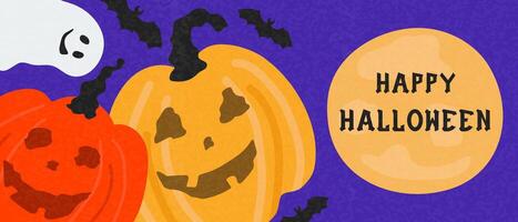 Cartoon halloween elements ghost and pumpkins with happy Halloween text. Spooky design for fall holiday event invitation and greeting card. vector