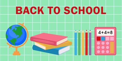 Back to school banner with different school supplies such as globe, books, pencils and calculator symbolizes education and learning. vector