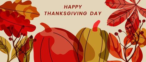 Happy Thanksgiving, banner with red and yellow pumpkins. Colorful autumn foliage and berries, festive background design for digital use or print. vector