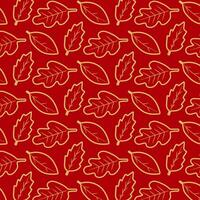 Leaf pattern with hand drawn golden leaves on a rich red background. vector