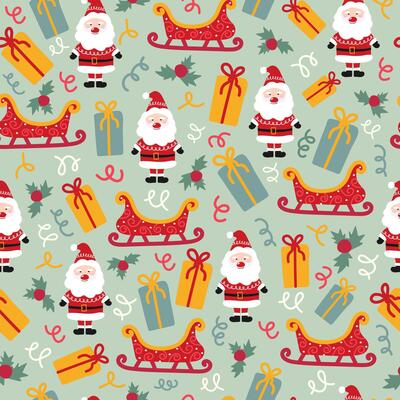 Cute pattern with Santa Claus, sled and gift box. Winter holiday festive design. Christmas and new year decoration.