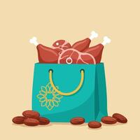 Festive Teal Bag Overflowing with Meats and Dates for a Special Occasion vector