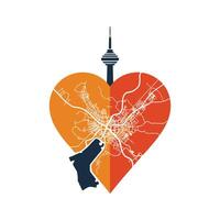 Abstract city map of Baku, Azerbaijan, in a heart shape with a tower vector