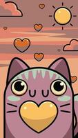 Adorable Cartoon Cat with Heart-Shaped Face and Sunset Sky Background vector