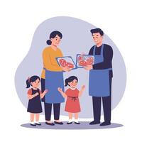 Smiling Family Holding Packaged Meat Cuts, Father and Mother with Two Daughters vector