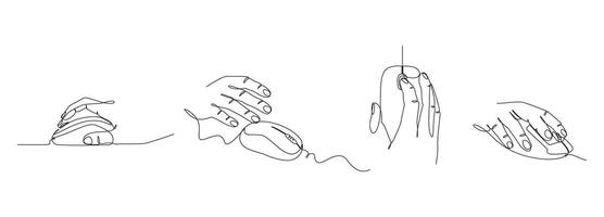 Continuous line drawing of hands using computer mouse concept with minimalist style vector