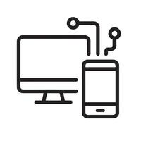 Minimal black and white icon of computer and smartphone connected with bold lines perfect for tech network digital communication and electronic device related graphic designs vector