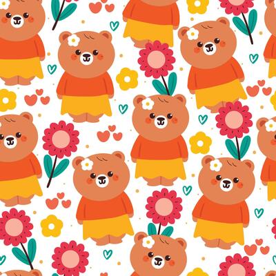 cute hand drawing cartoon bear wearing clothes with flowers seamless pattern. cute animal pattern in white background for gift warp paper