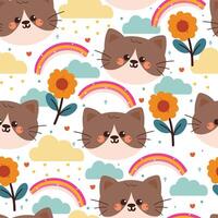 Cute cat pattern with flowers and rainbows vector