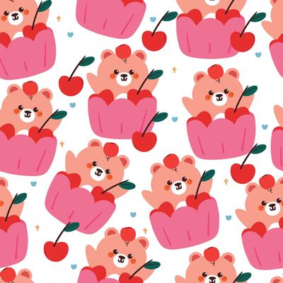 cute hand drawing cartoon bear inside cherry cupcake seamless pattern. cute animal pattern in white background for gift warp paper and wallpaper