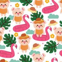 cute hand drawing cartoon pig with summer vibes seamless pattern. cute animal pattern in white background for gift warp paper and wallpaper vector