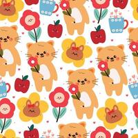 Cute cats with flowers and apples pattern vector